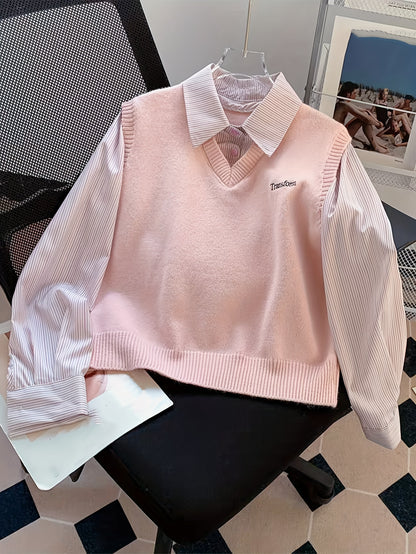 Ensemble 2 Pièces Femme – Chemise Rayée & Gilet en Maille à Col V