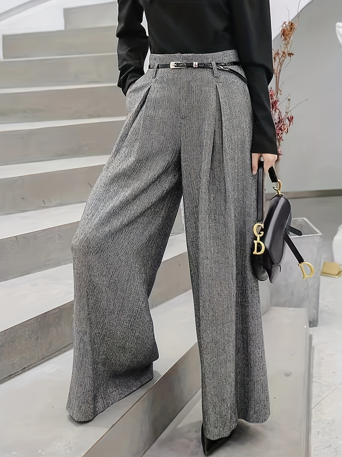 Pantalon Femme Large Gris Taille Haute  Coupe Tailleur à Plis