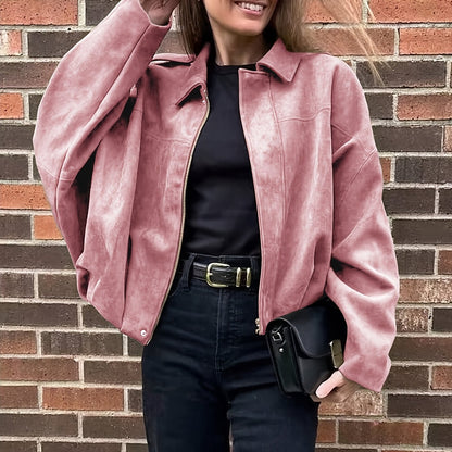 Women's Suede-Effect Zip Jacket with Shirt Collar