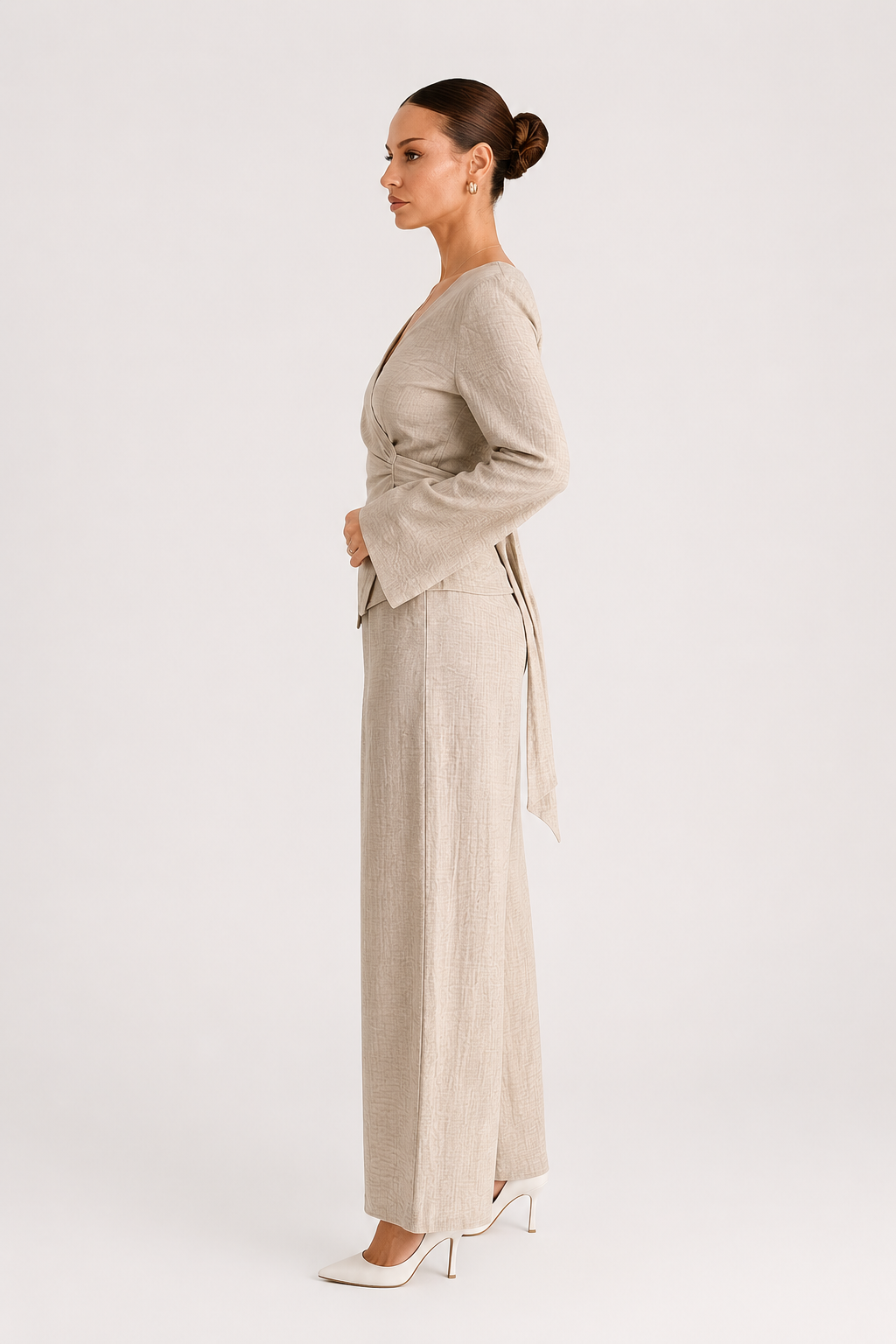 Koriora | Ensemble 2 Pièces Drapé Palazzo Taupe — Cache-Cœur Asymétrique & Élégance Fluide