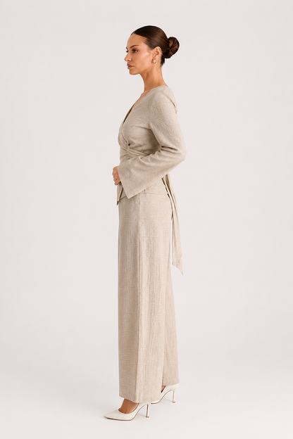 Koriora | Ensemble 2 Pièces Drapé Palazzo Taupe — Cache-Cœur Asymétrique & Élégance Fluide