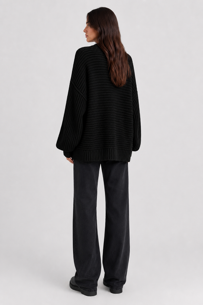 Koriora | "Alba" Oversized Long Ribbed Cardigan — Button-Through V-Neck with Patch Pockets, Black