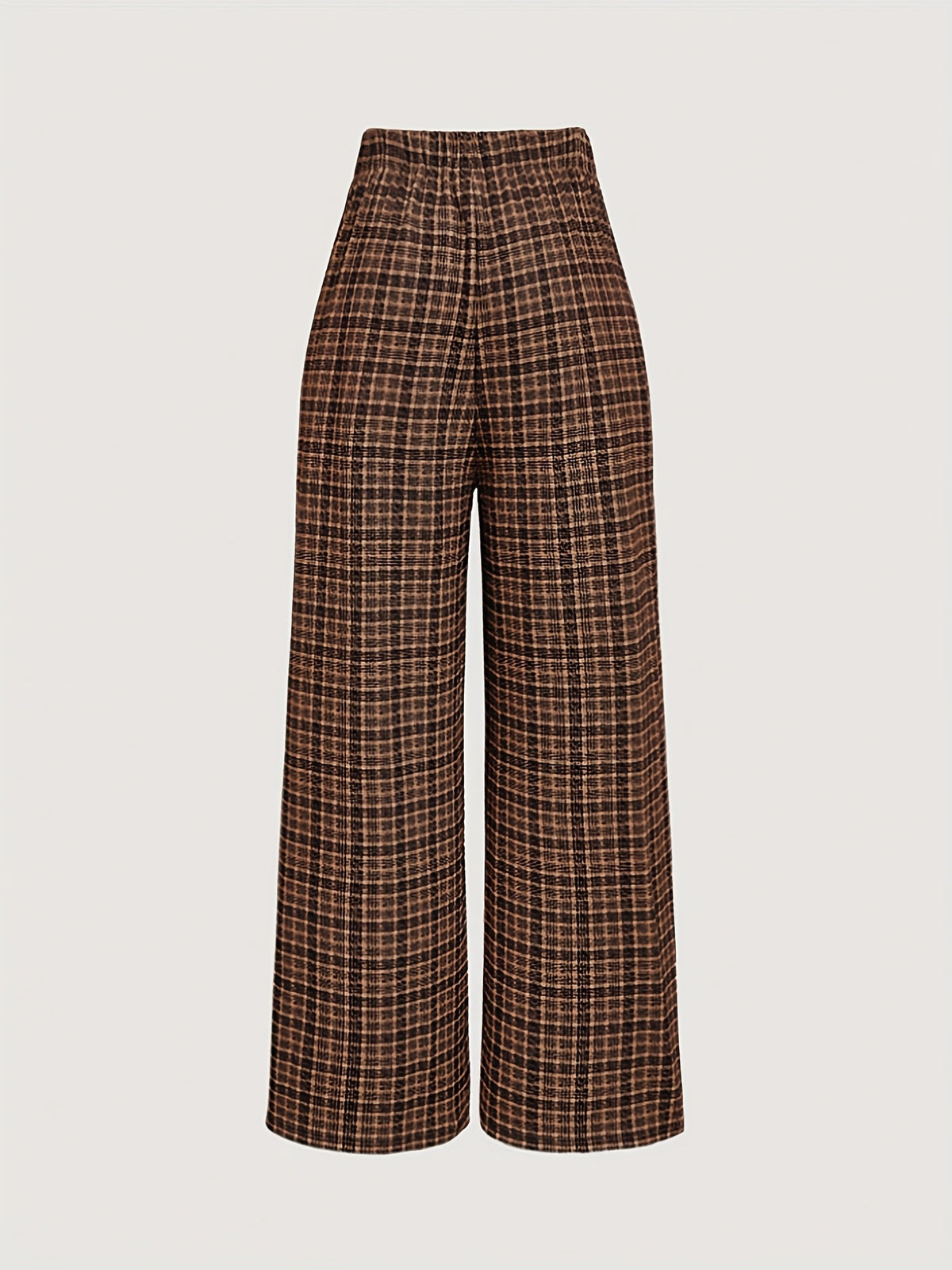 Pantalon Femme Large à Carreaux Marron  Taille Haute & Boutons Dorés