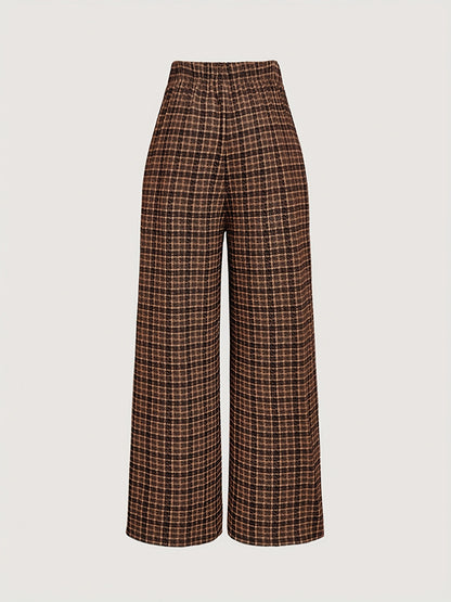 Pantalon Femme Large à Carreaux Marron  Taille Haute & Boutons Dorés