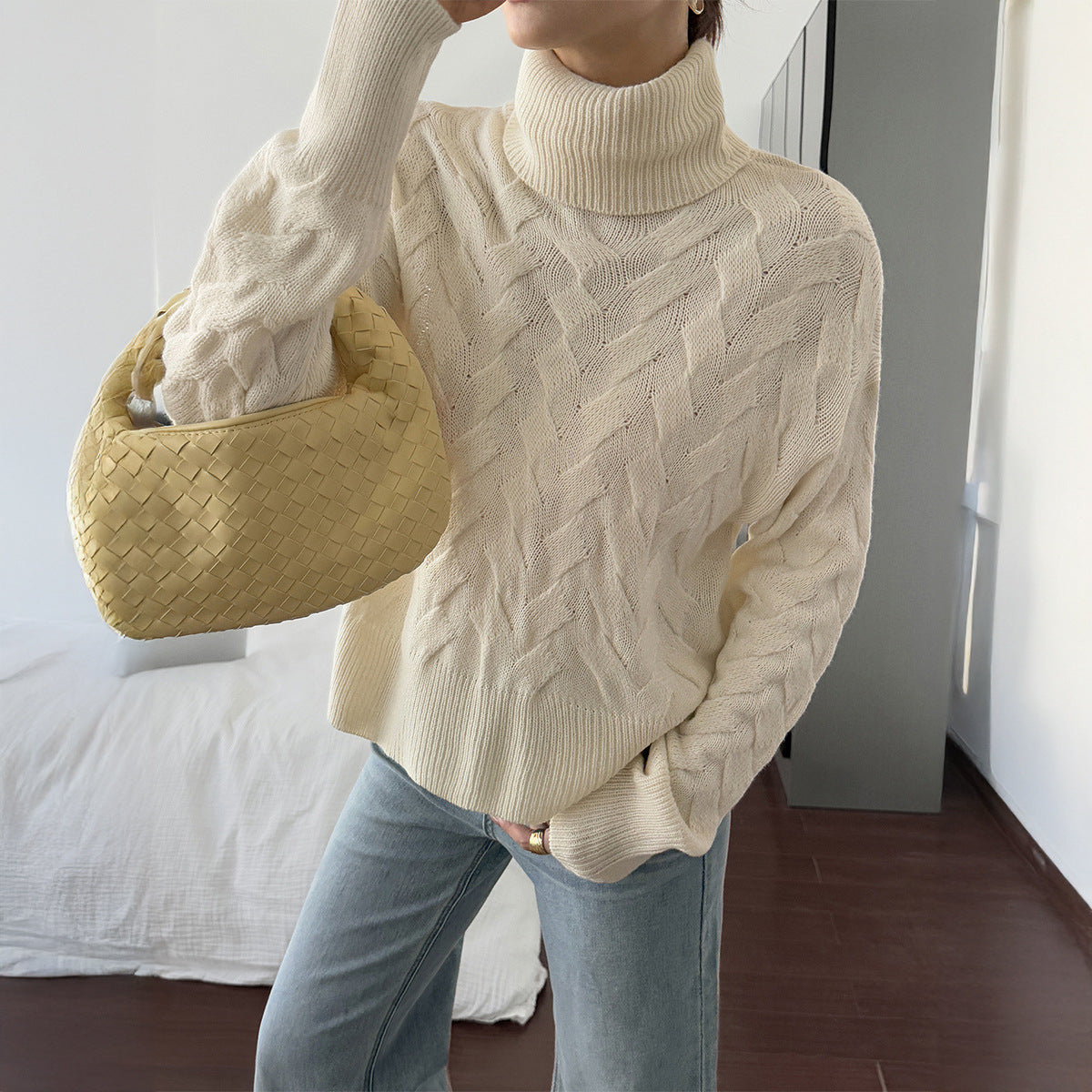 Koriora | "Margaux" High-Neck Cable-Knit Jumper — Soft Stretch Knit, Butter / Cream / Pink