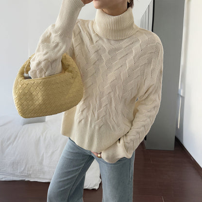 Koriora | "Margaux" High-Neck Cable-Knit Jumper — Soft Stretch Knit, Butter / Cream / Pink