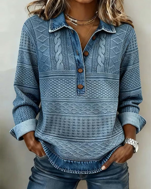 Koriora | Denim-Effect Knitted Polo-Neck Top — Half-Button Fastening and Relaxed Everyday Elegance
