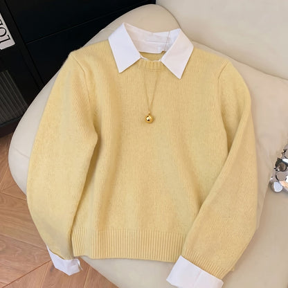 Koriora | Women's Knitted Jumper with Shirt Collar – Elegant Relaxed Fit
