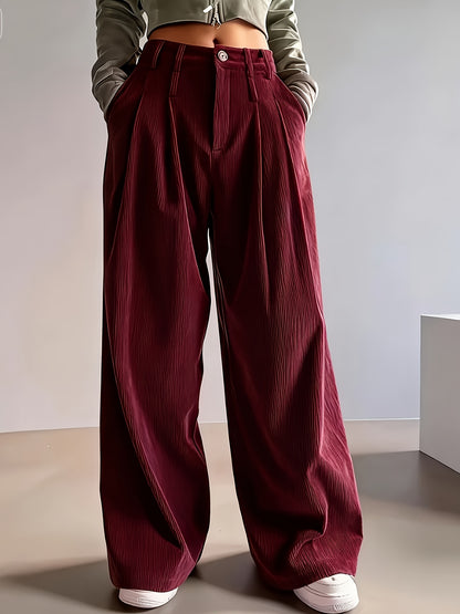 Pantalon Femme Côtelé Taille Haute à Coupe Large Décontracté Élégant