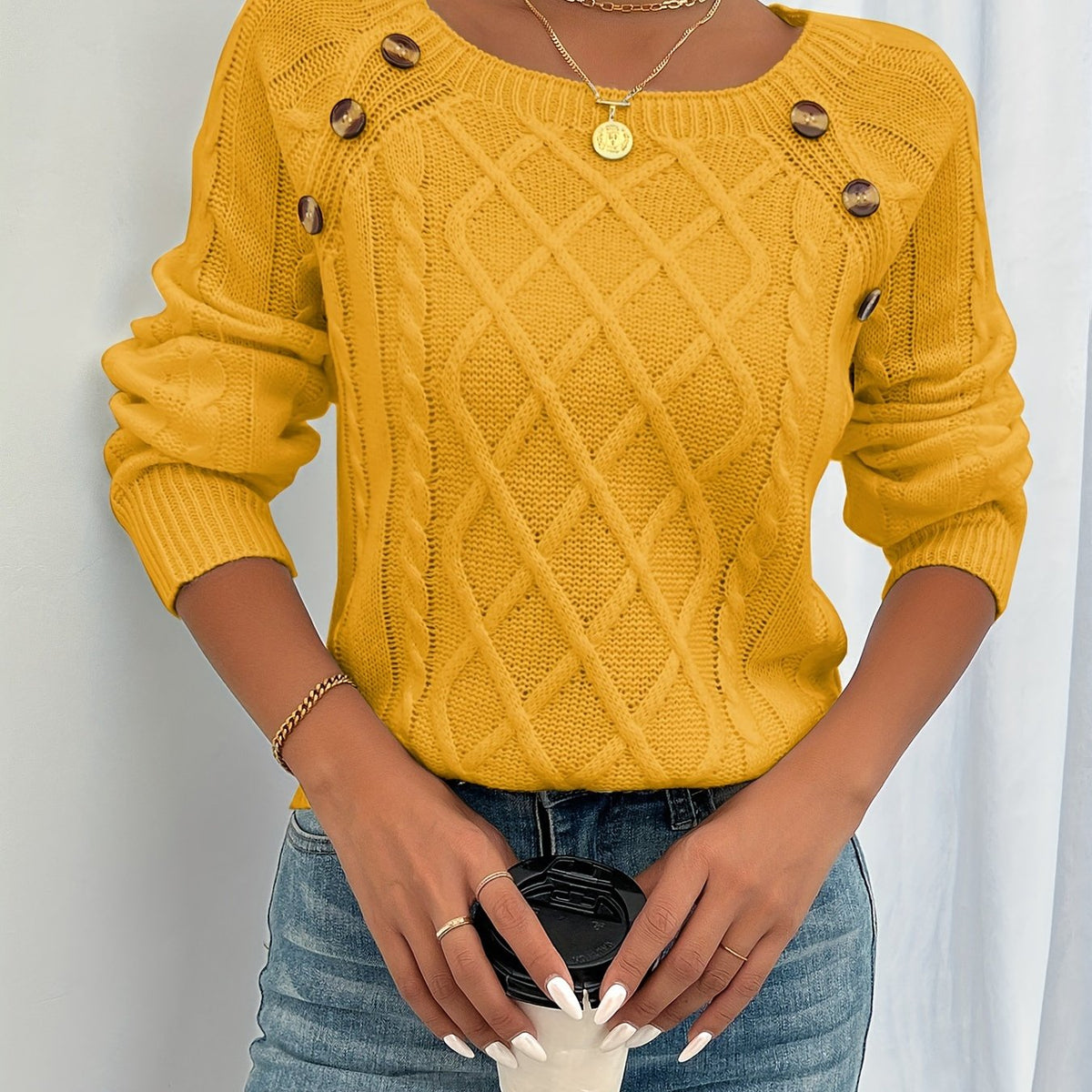 Koriora | Women's Textured Round-Neck Jumper with Lantern Sleeves and Buttons