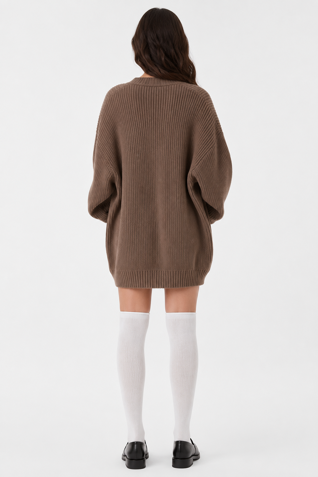 Koriora | "Alba" Oversized Long Ribbed Cardigan — Button-Through V-Neck with Patch Pockets, Black
