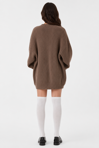 Koriora | "Alba" Oversized Long Ribbed Cardigan — Button-Through V-Neck with Patch Pockets, Black