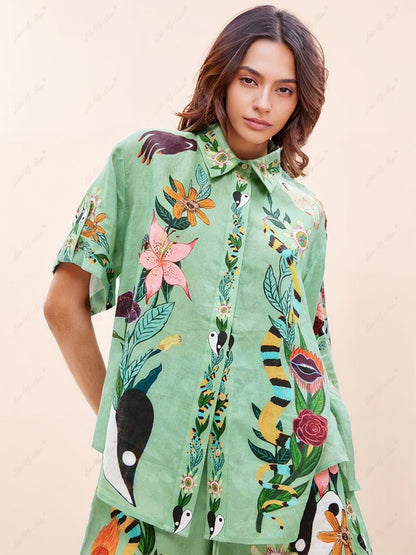 Koriora | Ensemble estival imprimé artistique – Chemise oversize et short
