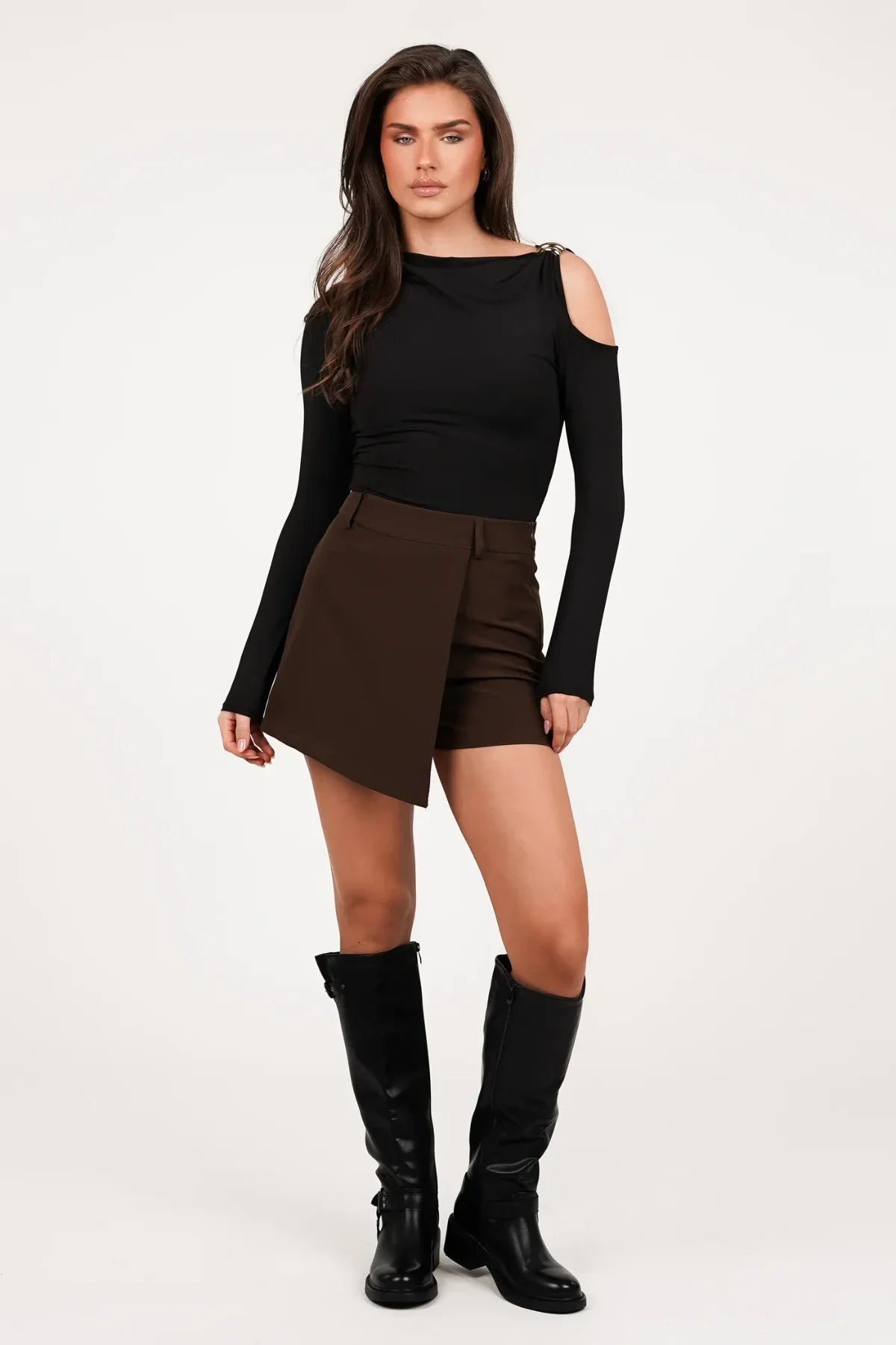 Women's Leather Equestrian Knee-High Boots with Buckles & Block Heel in Brown
