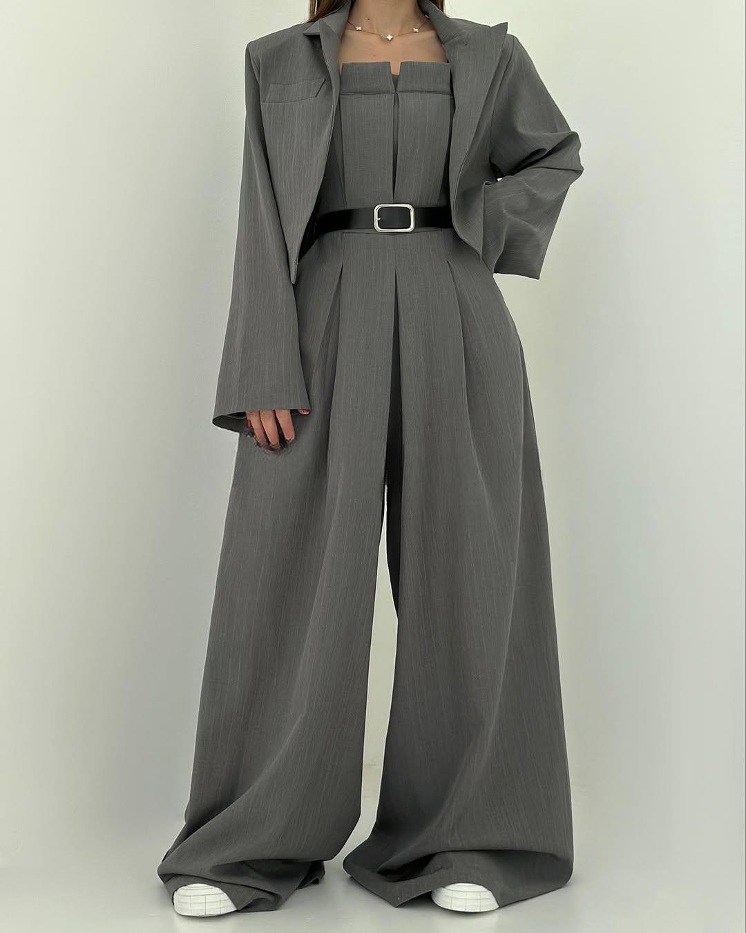 Koriora | Combinaison Tailleur 3 Pièces Noire — Bustier Structuré, Pantalon Large & Veste Coordonnée