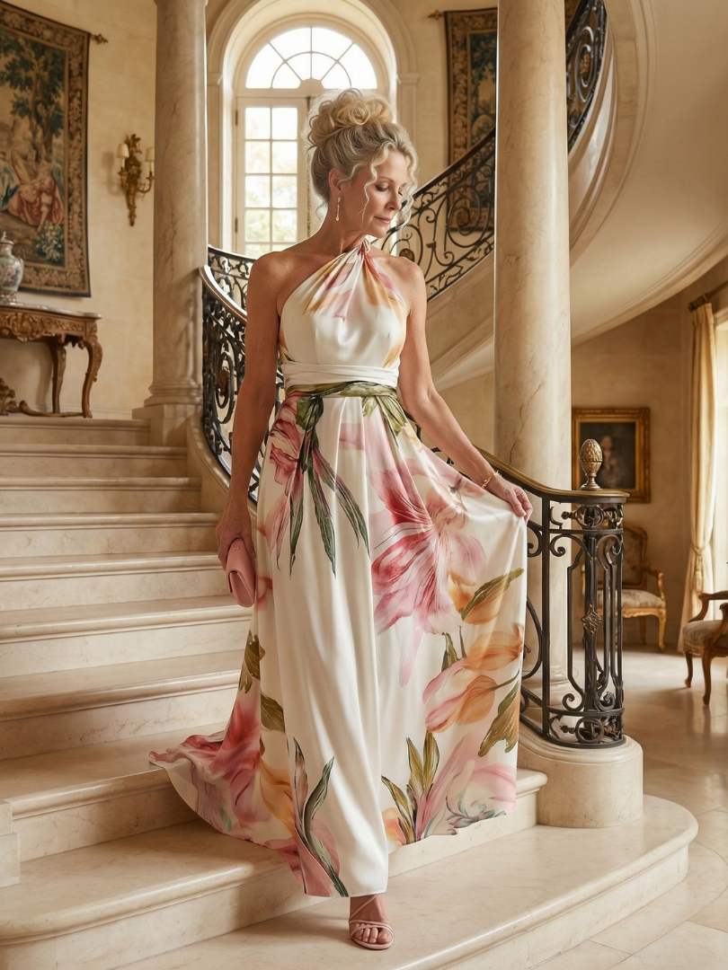 Koriora | Robe Maxi Halter Florale Grand Motif — Fluide & Élégante