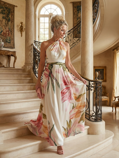 Koriora | Robe Maxi Halter Florale Grand Motif — Fluide & Élégante