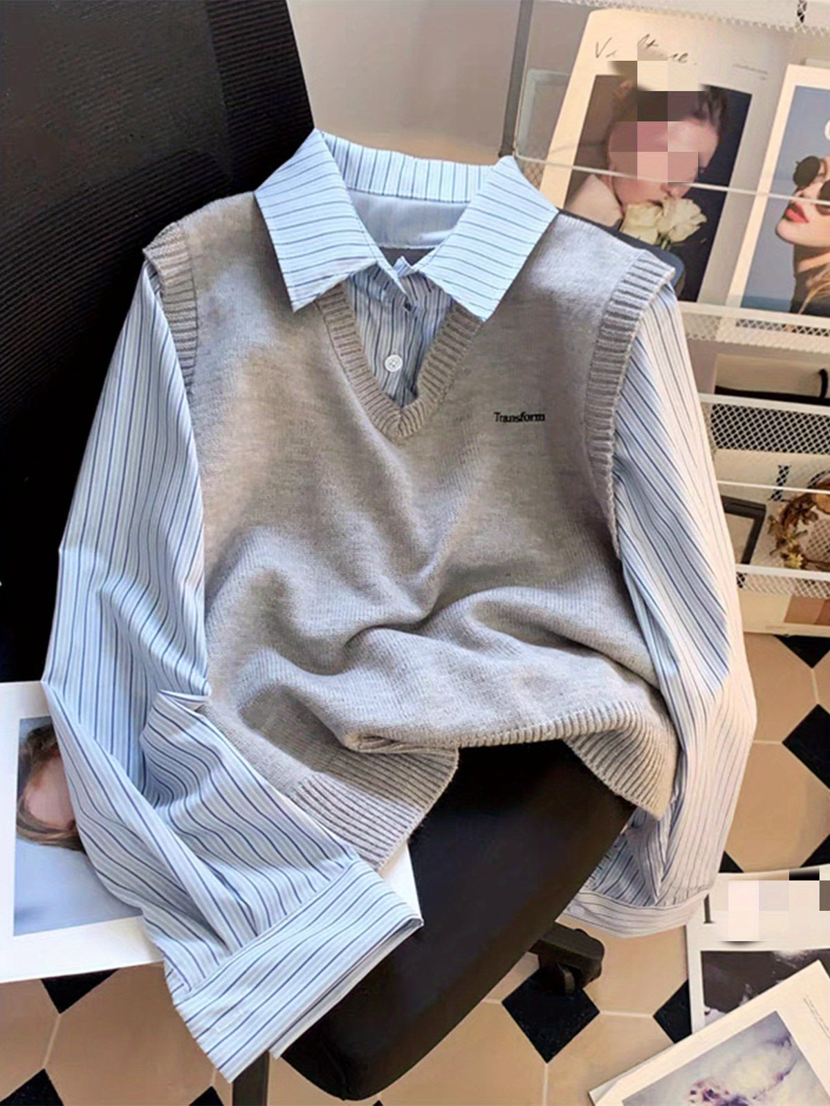Ensemble 2 Pièces Femme – Chemise Rayée & Gilet en Maille à Col V