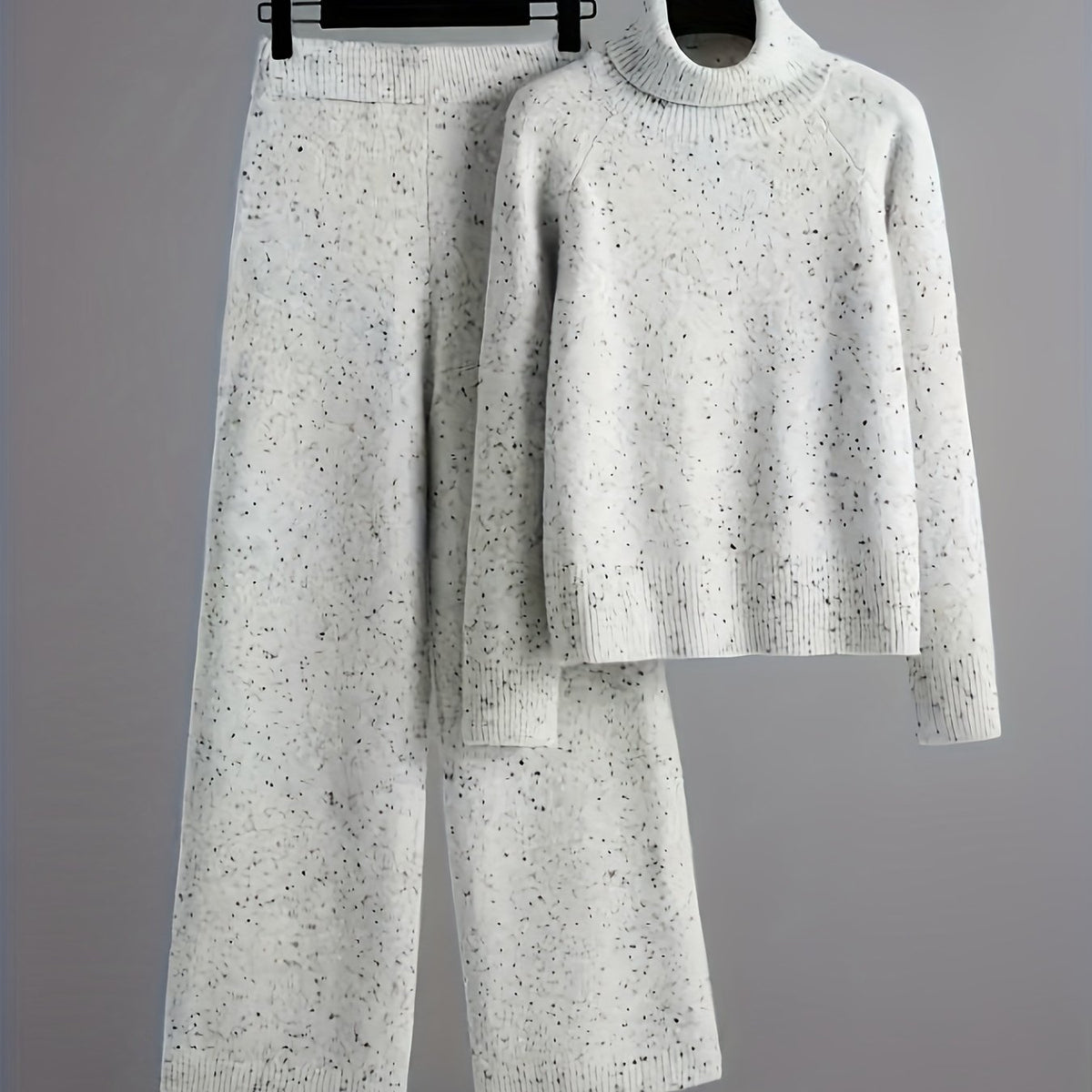 Women's Speckled Knit Set – Roll-Neck Jumper & Wide-Leg Trousers