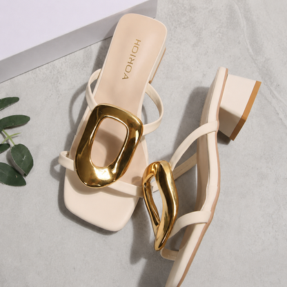 Koriora Mules à Talon Femme Élégantes - Sandalesc Beige à Bride Fine avec Boucle Dorée Oversize et Talon Bloc Confort