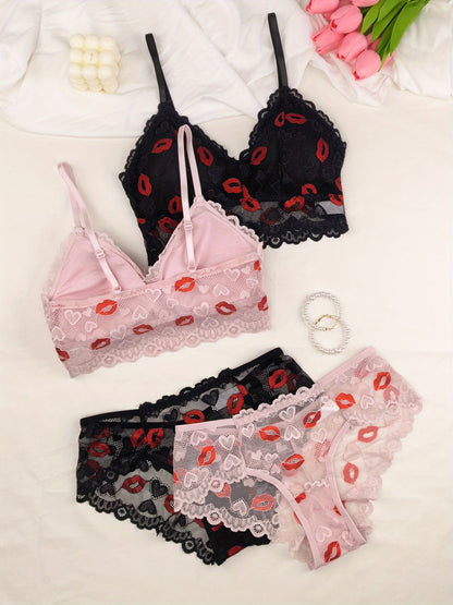 Koriora | Lot de 4 Ensembles Lingerie Dentelle Romantique — Soutien-Gorge & Culotte Taille Basse Cœurs & Lèvres