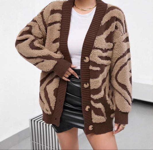 Koriora | "Safira" Zebra-Print Bouclé Cardigan — Loose Fit, V-Neck, Multicolour