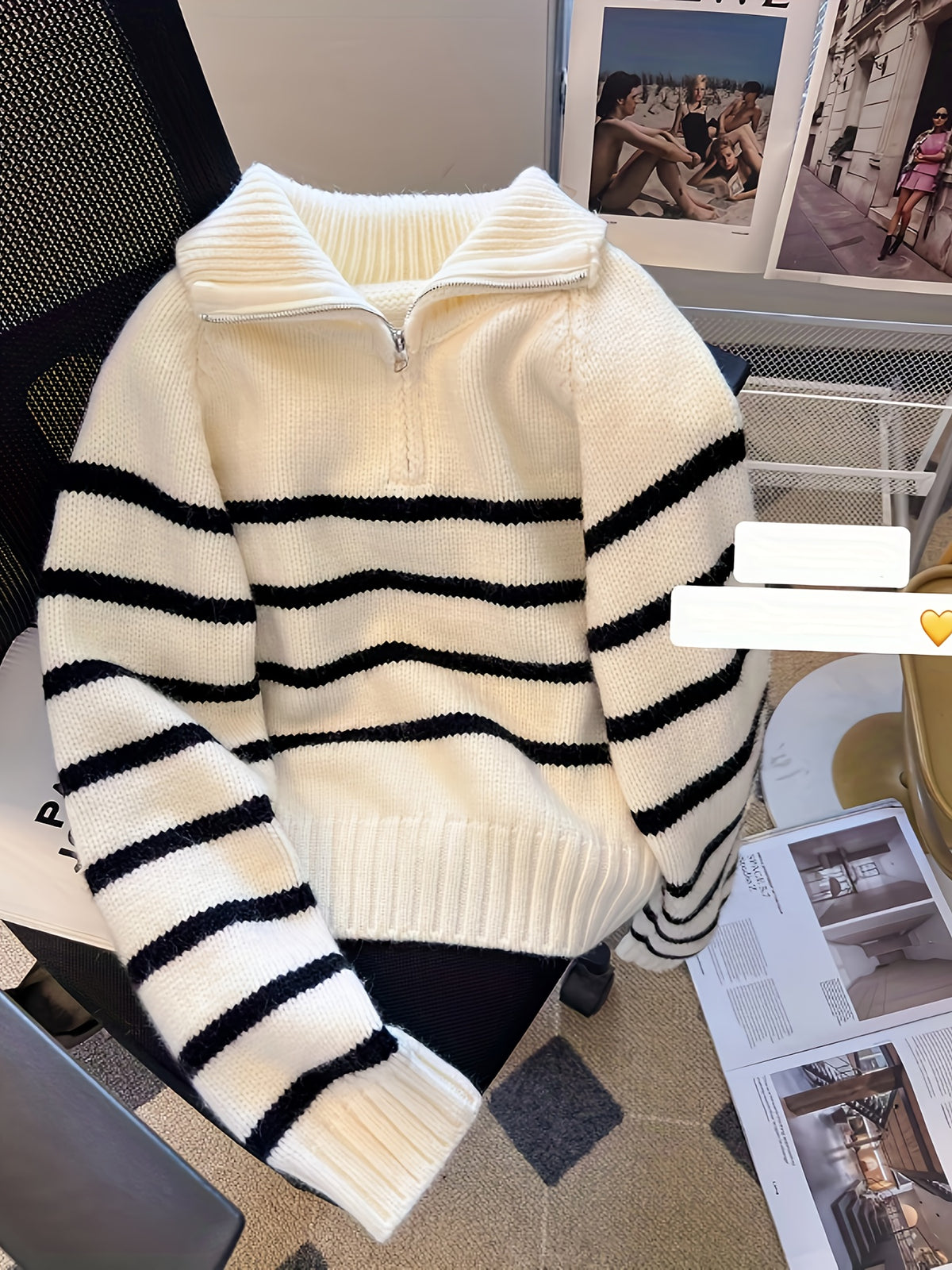 Pull Femme Rayé à Col Zippé en Maille Épaisse