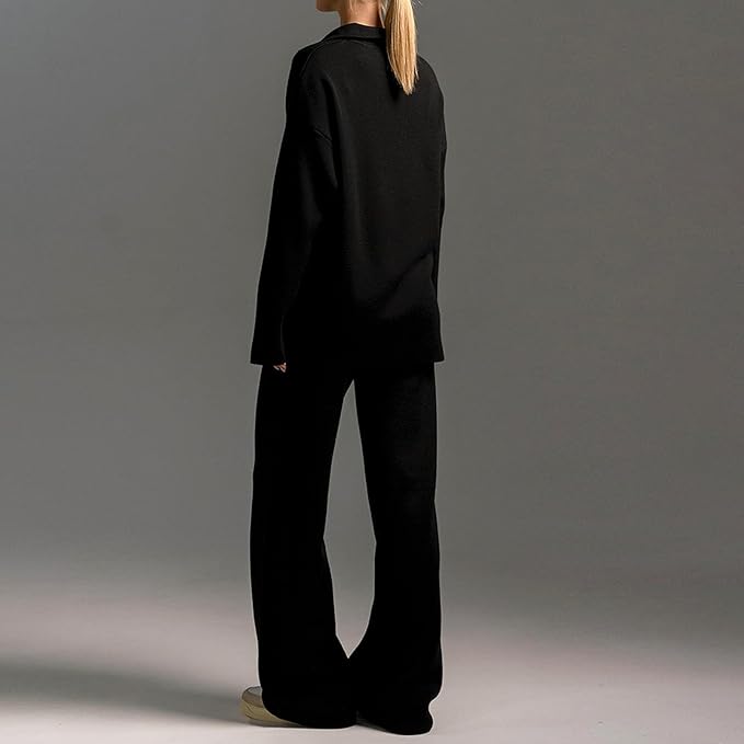 Koriora | Ensemble Lounge Selviane – Ensemble Femme 2 Pièces Maille | Pull Col Polo & Pantalon Large Élégant
