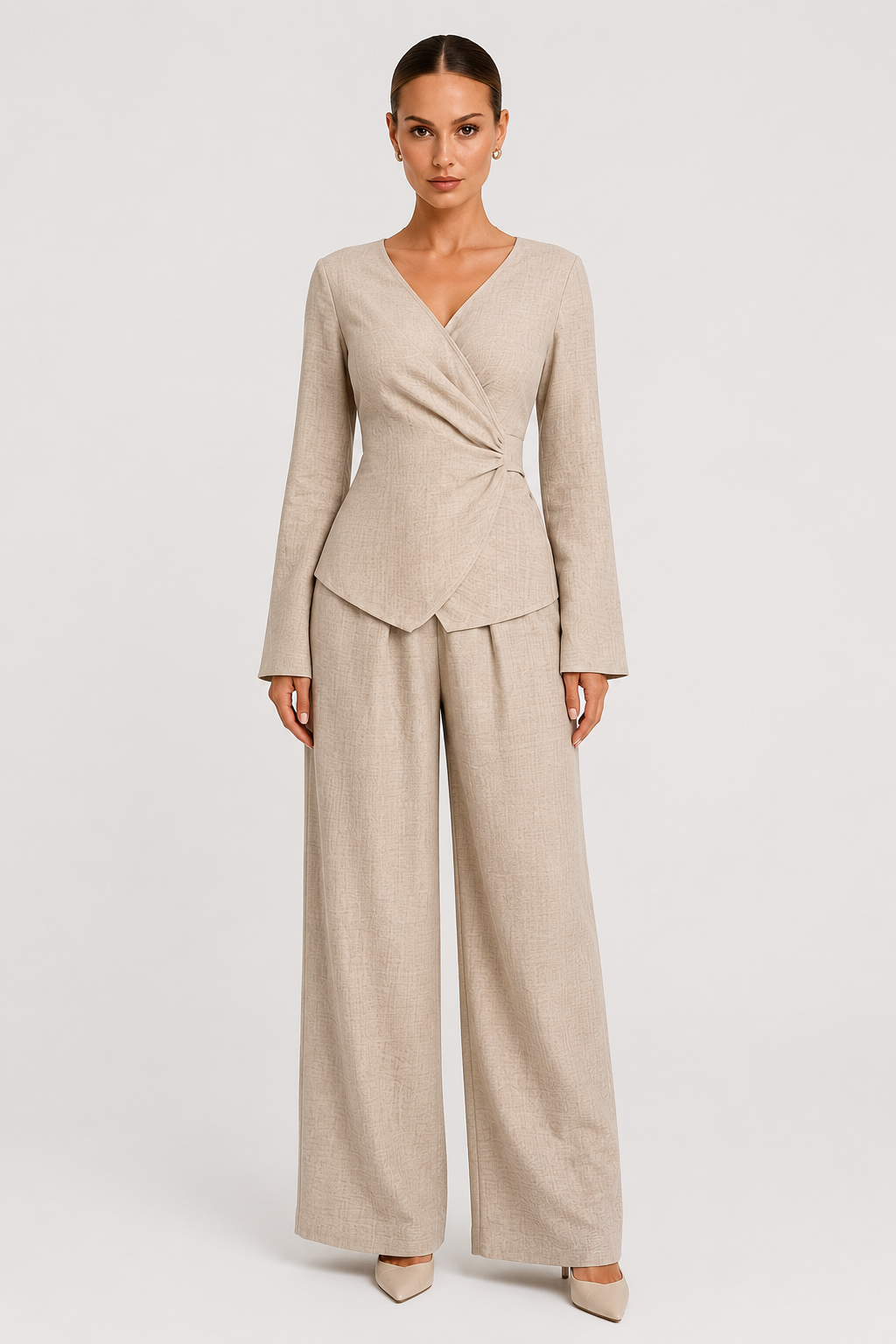 Koriora | Ensemble 2 Pièces Drapé Palazzo Taupe — Cache-Cœur Asymétrique & Élégance Fluide
