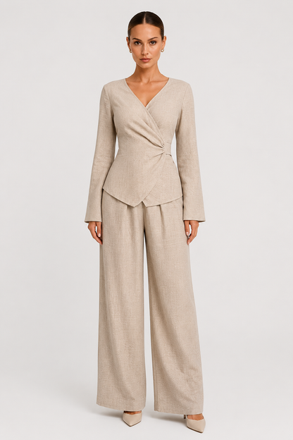 Koriora | Ensemble 2 Pièces Drapé Palazzo Taupe — Cache-Cœur Asymétrique & Élégance Fluide