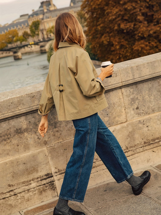 Women's Beige Short Button-Front Jacket with Patch Pockets