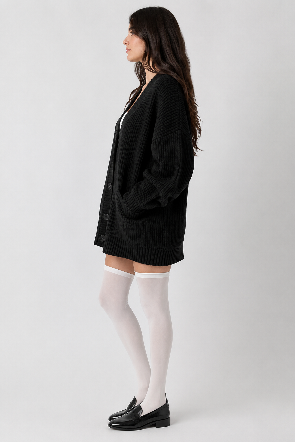 Koriora | "Alba" Oversized Long Ribbed Cardigan — Button-Through V-Neck with Patch Pockets, Black