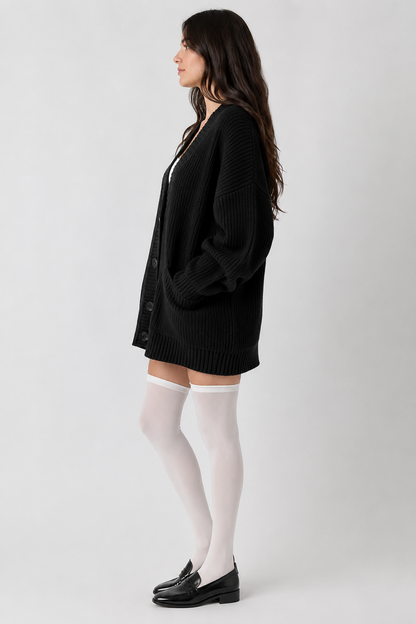 Koriora | "Alba" Oversized Long Ribbed Cardigan — Button-Through V-Neck with Patch Pockets, Black
