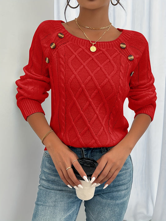 Koriora | Women's Textured Round-Neck Jumper with Lantern Sleeves and Buttons