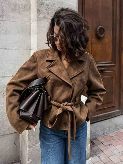 Veste Femme Marron Effet Daim à Ceinture – Coupe Courte & Col à Revers