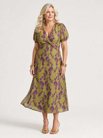 Koriora | Robe Midi Cache-Cœur Florale Manches Courtes — Confort & Élégance Quotidienne