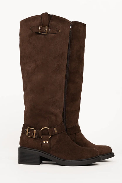 Women's Leather Equestrian Knee-High Boots with Buckles & Block Heel in Black