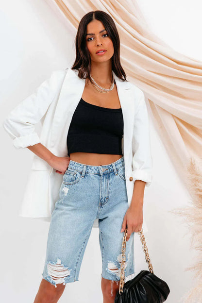 Koriora | Bermuda Jean Femme Destroy — Coupe Droite Taille Haute & Style Casual Authentique