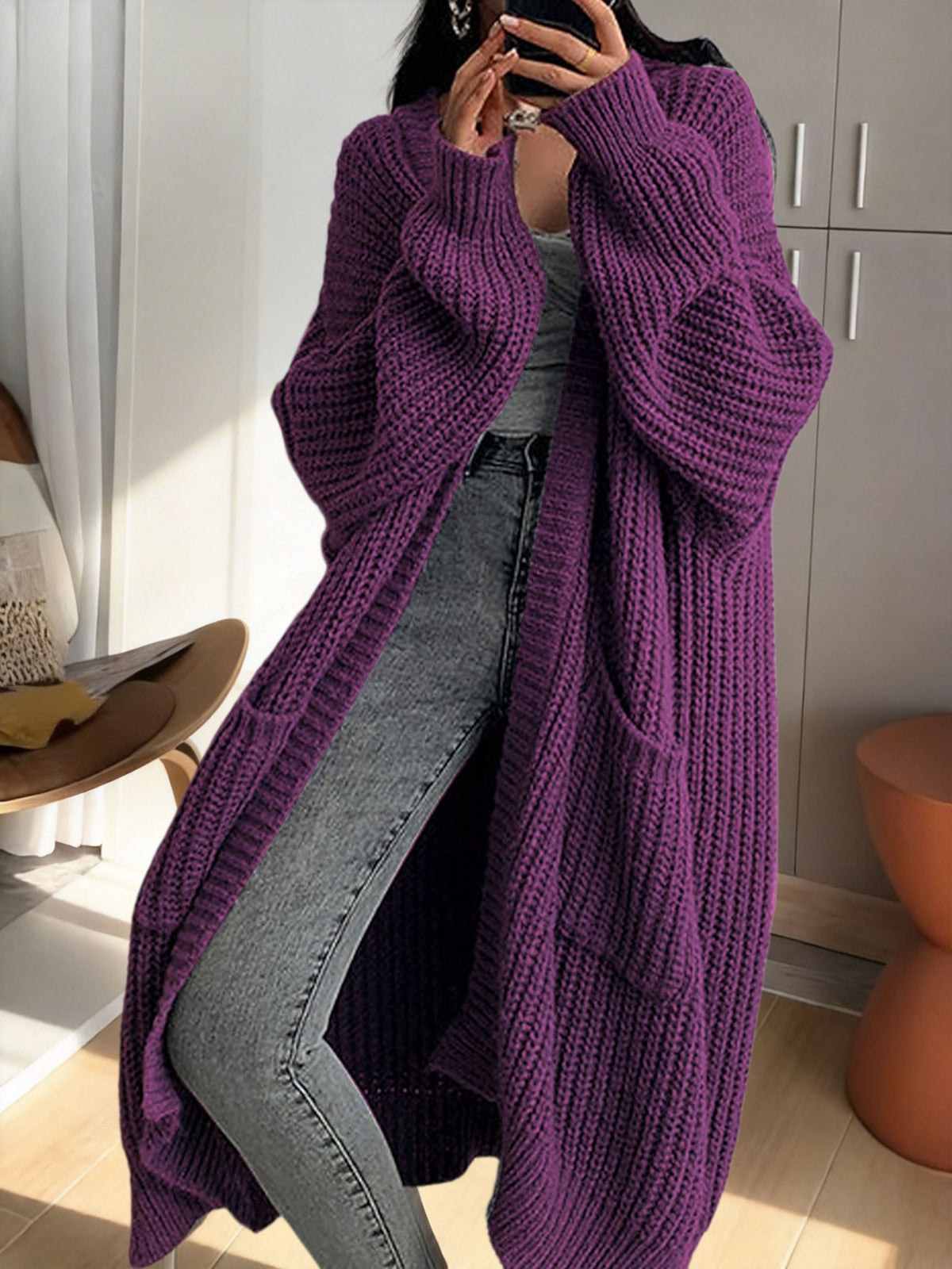 Gilet Femme Long en Maille Douce à Manches Longues
