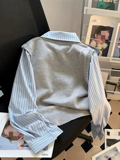 Ensemble 2 Pièces Femme – Chemise Rayée & Gilet en Maille à Col V
