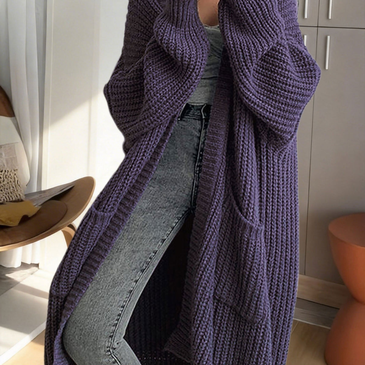 Gilet Femme Long en Maille Douce à Manches Longues