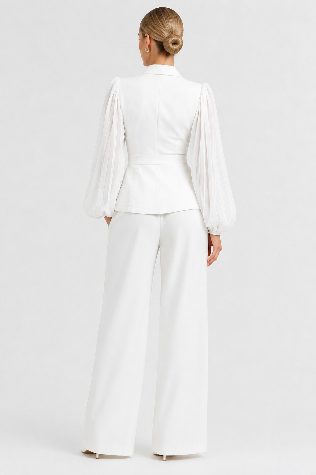 Koriora | Ensemble Blazer Cintré & Pantalon Large Femme — Manches Transparentes & Élégance Romantique