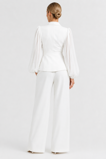 Koriora | Ensemble Blazer Cintré & Pantalon Large Femme — Manches Transparentes & Élégance Romantique