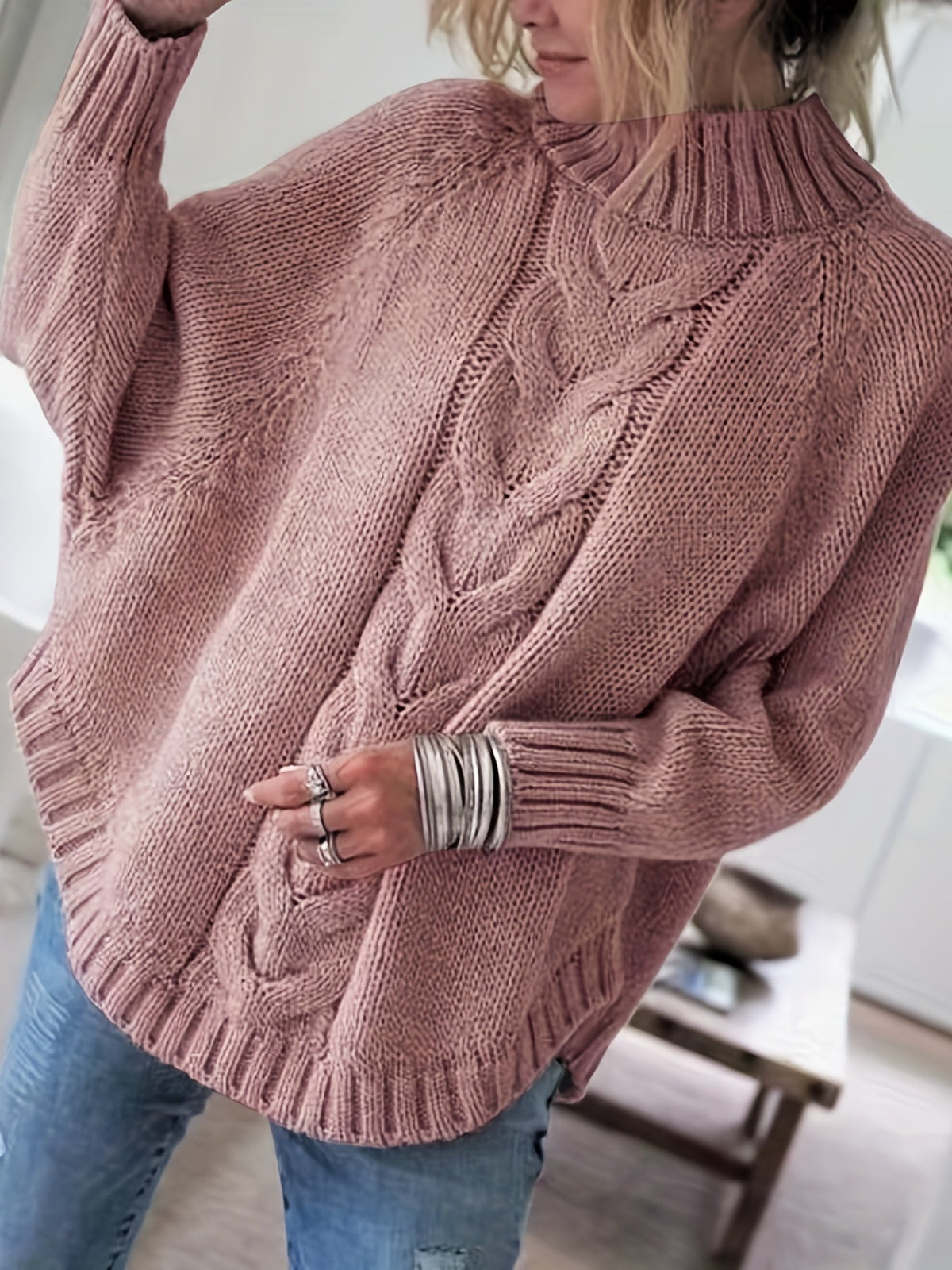 Pull Femme Poudré à Torsades  Maille Ample & Col Montant