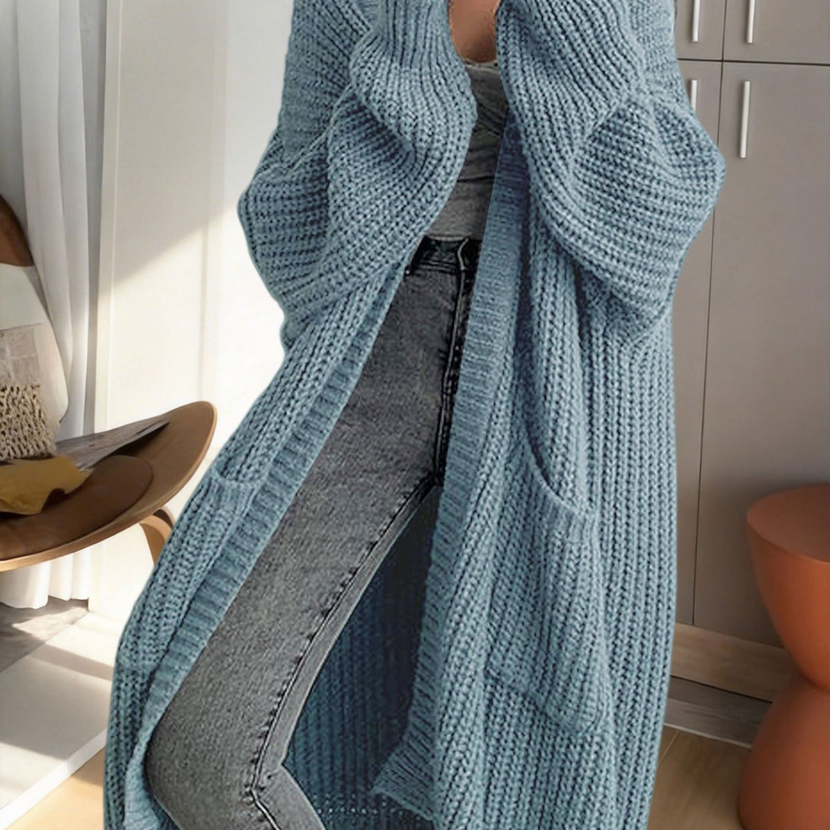 Gilet Femme Long en Maille Douce à Manches Longues