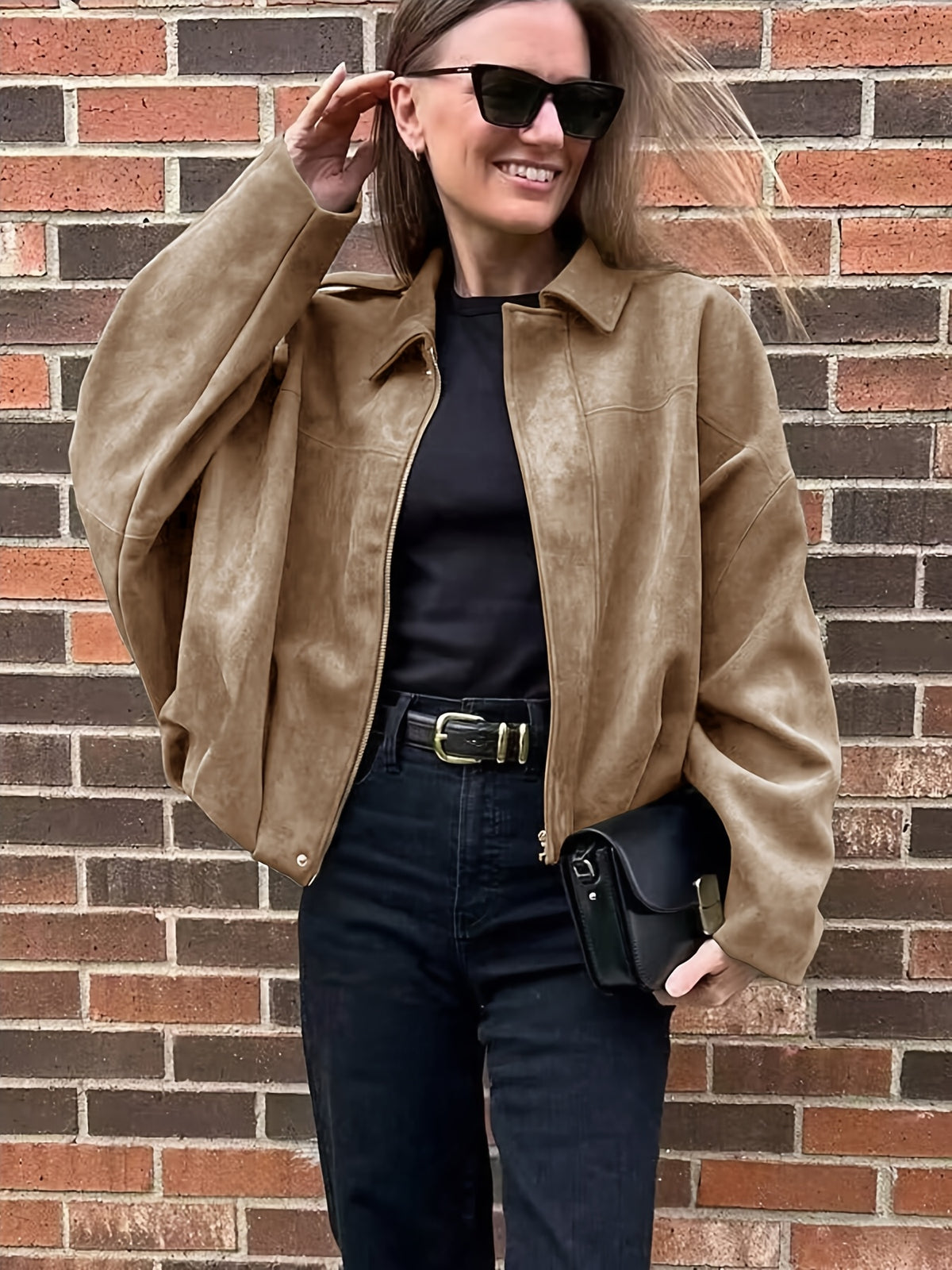 Women's Suede-Effect Zip Jacket with Shirt Collar