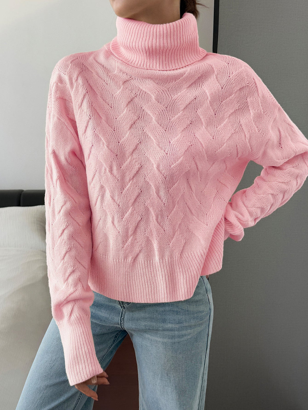 Koriora | "Margaux" High-Neck Cable-Knit Jumper — Soft Stretch Knit, Butter / Cream / Pink