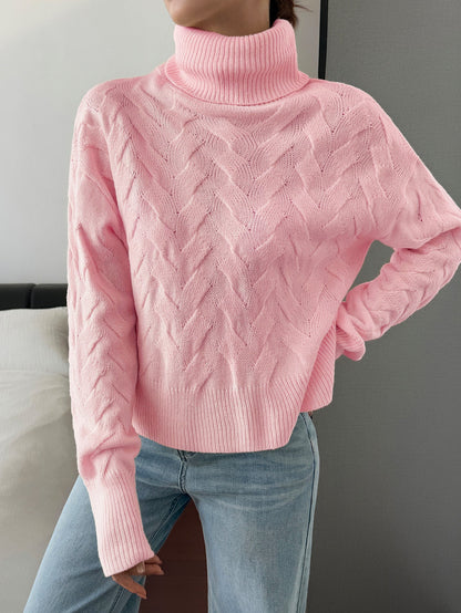 Koriora | "Margaux" High-Neck Cable-Knit Jumper — Soft Stretch Knit, Butter / Cream / Pink