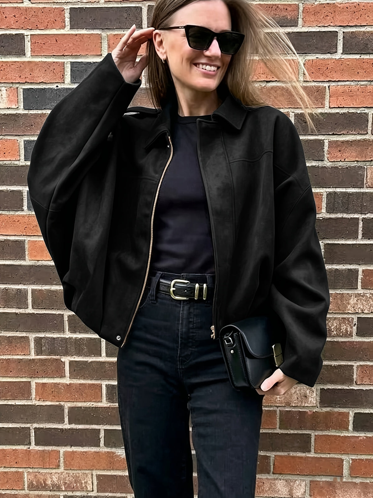 Women's Suede-Effect Zip Jacket with Shirt Collar