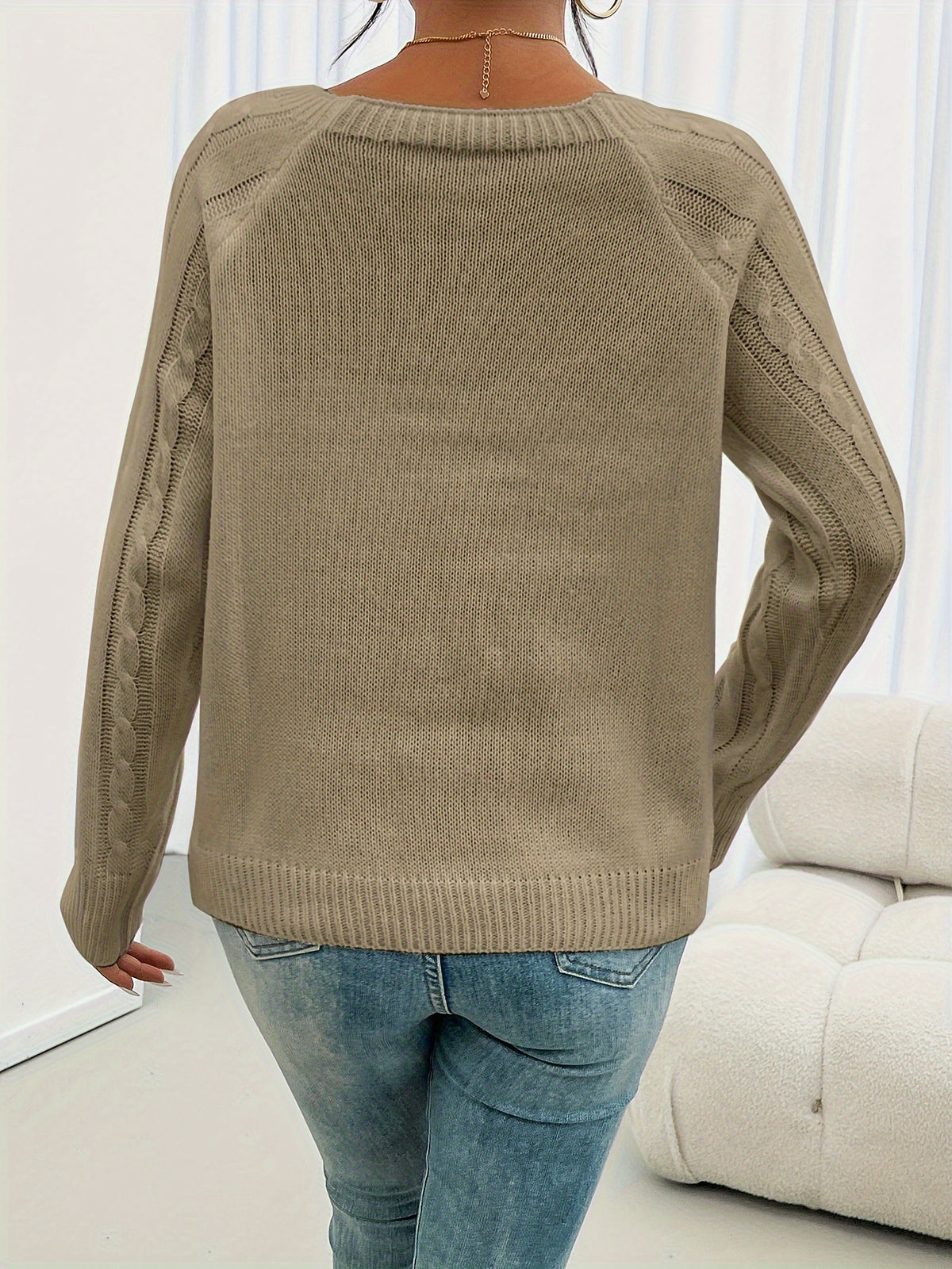 Koriora | Women's Textured Round-Neck Jumper with Lantern Sleeves and Buttons